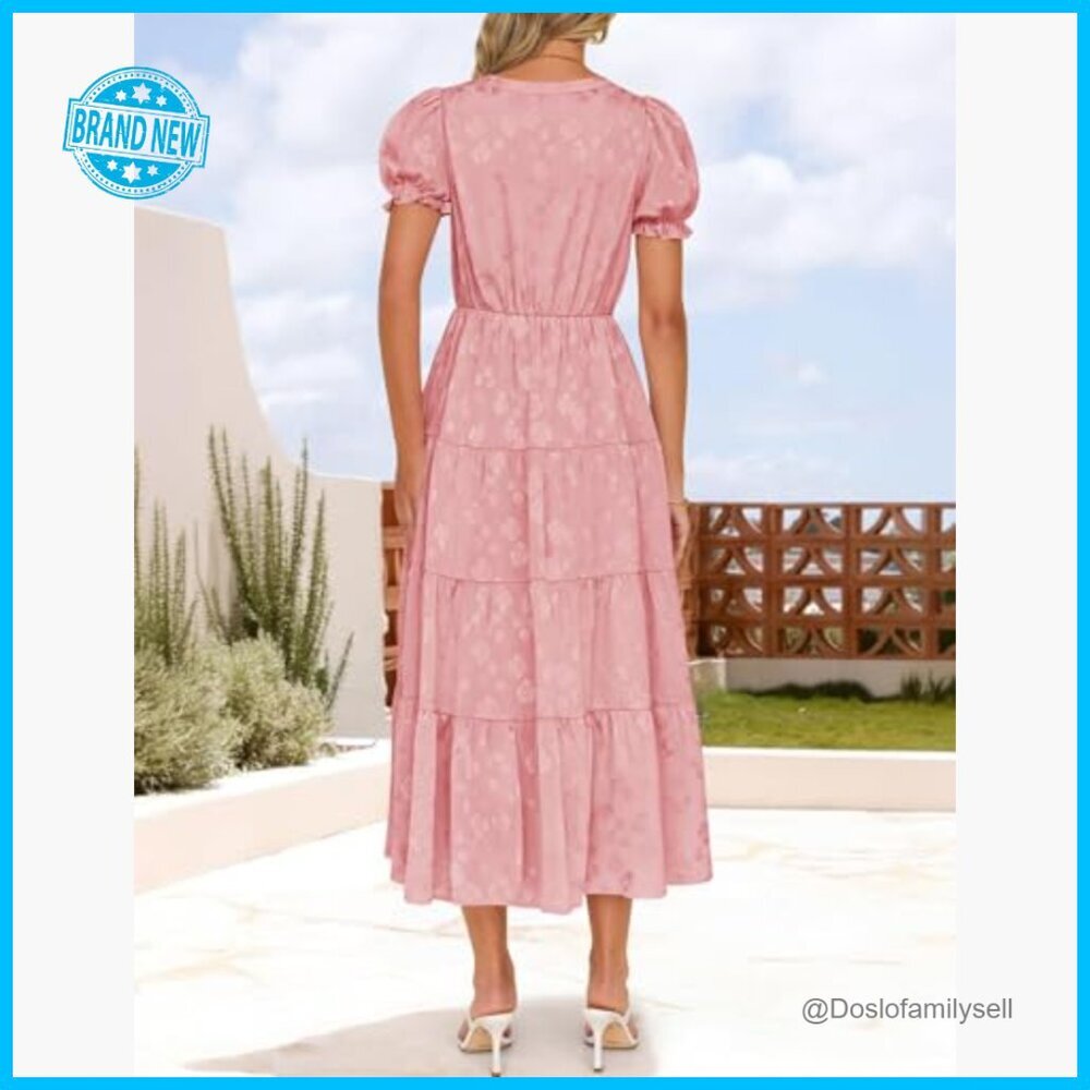 Floral Textured Midi Dress Puff Sleeve V Neck Ruffle Chic Summer Party Wear - Picture 4 of 7